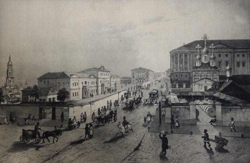 Московские улицы 50-х годов 19 века, вид почтамта на углу Мясницкой и бульвара