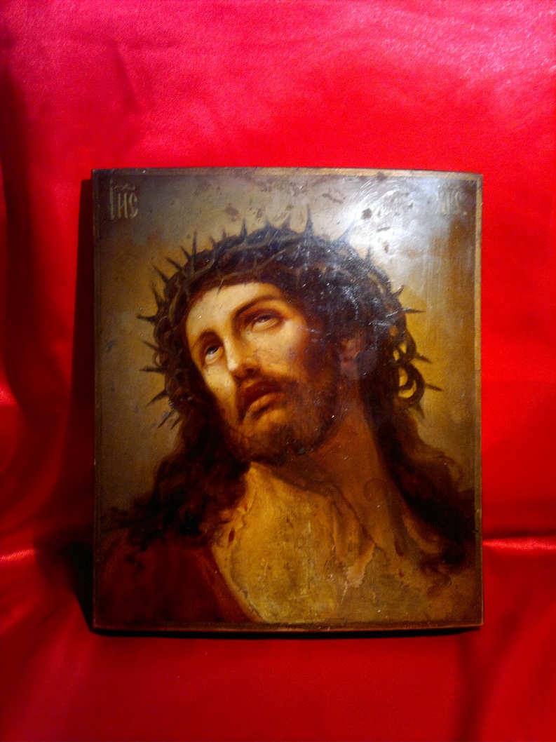 Антикварная икона "Иисус Христос". Дерево, масло, 19 век.