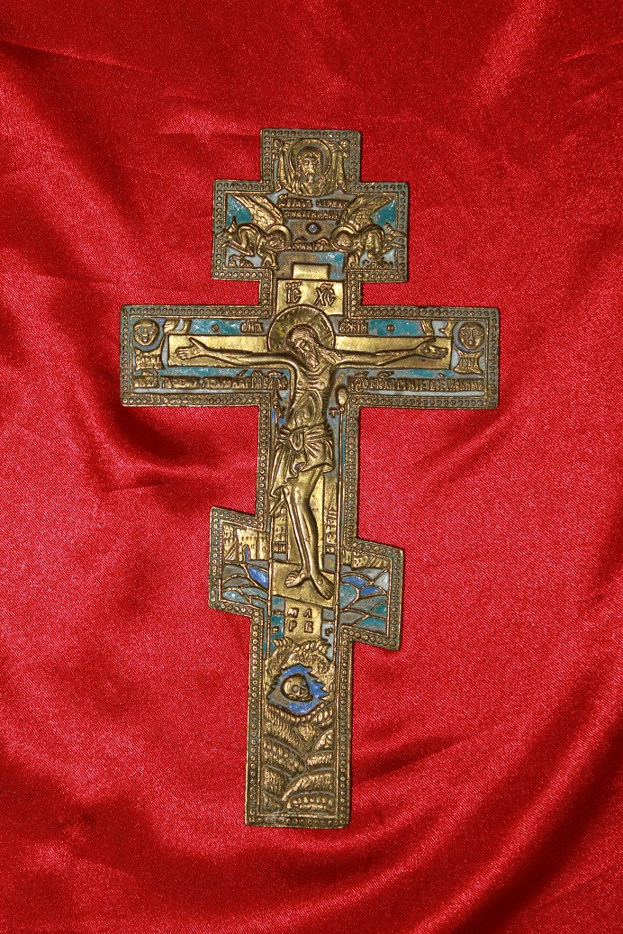 Антиквариат. Напрестольный крест. Бронза, эмаль, 19 век.